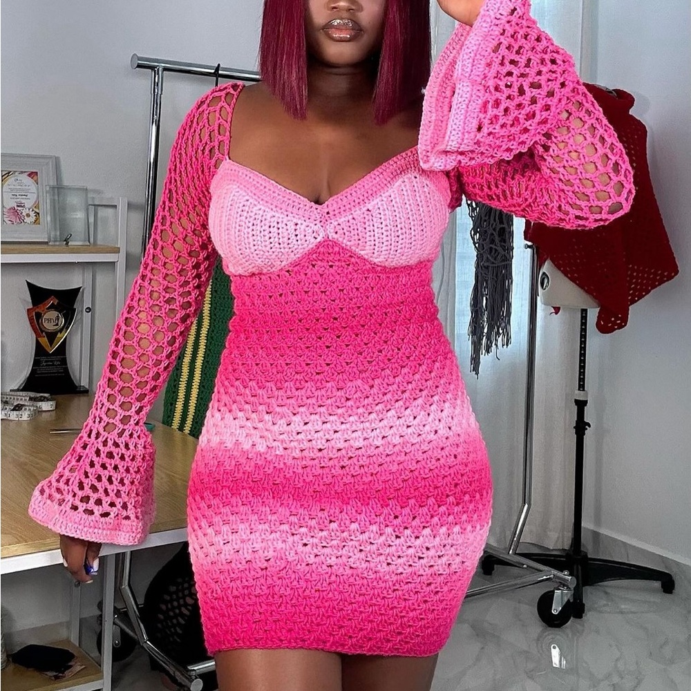 Handmade Crochet Bell Sleeve Mini Dress